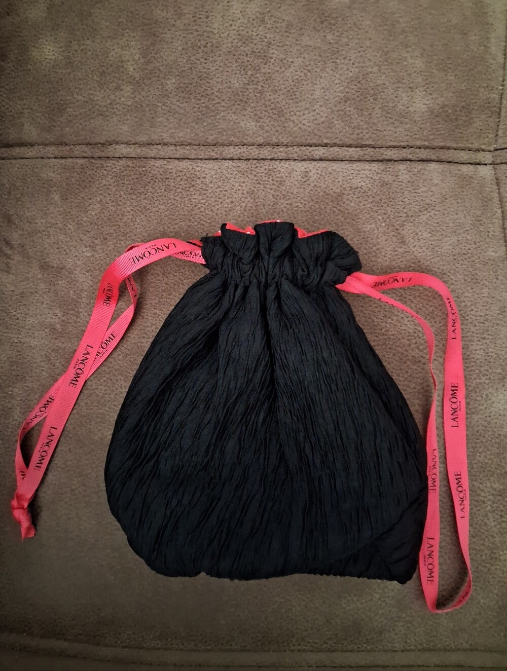 Lancôme Black Drawstring Cosmetic Pouch with Pink Logo Ribbon